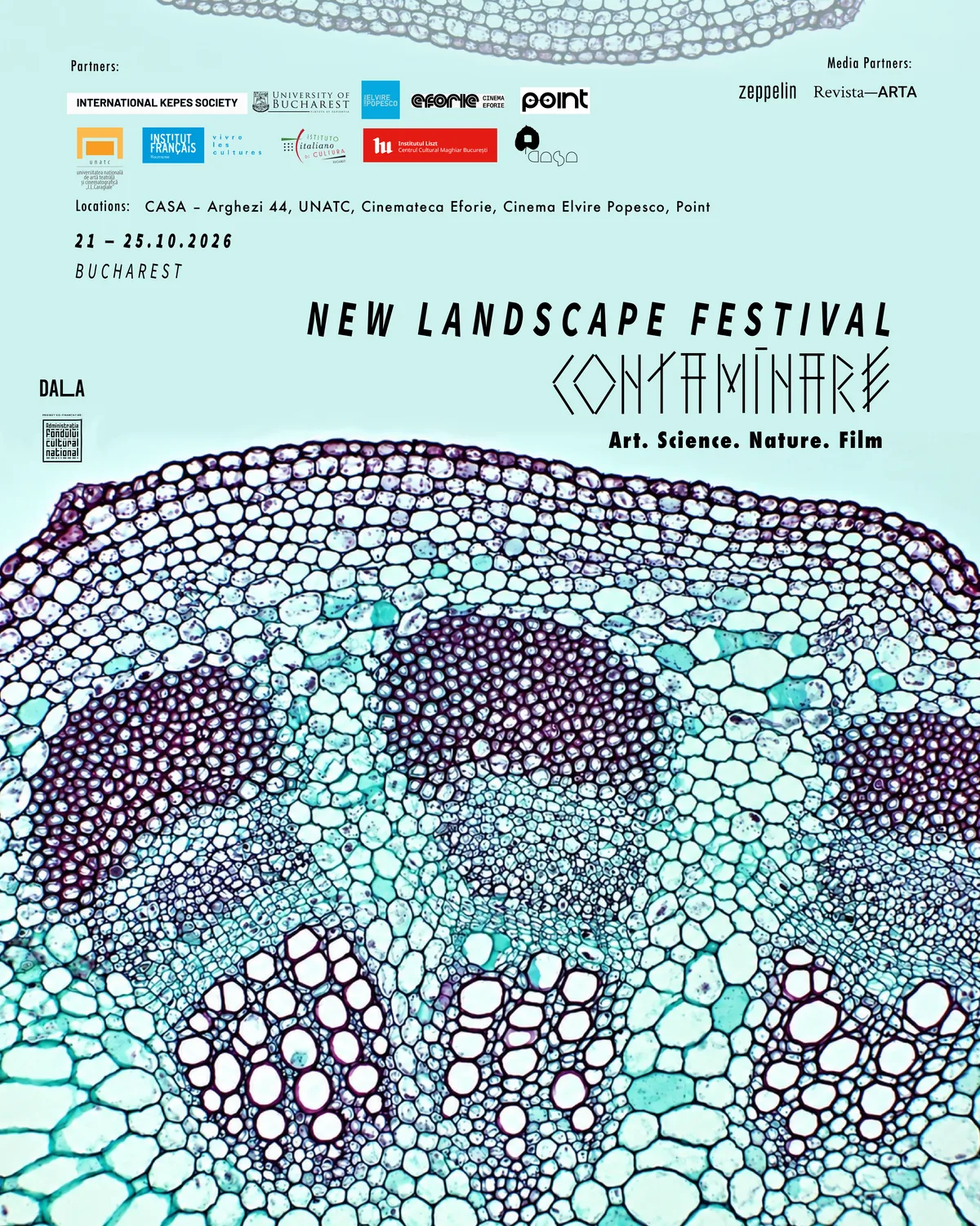 Afiș New Landscape Festival Contaminare cu model celular, logo-uri partenere și date 21–25 octombrie 2026 la București.
